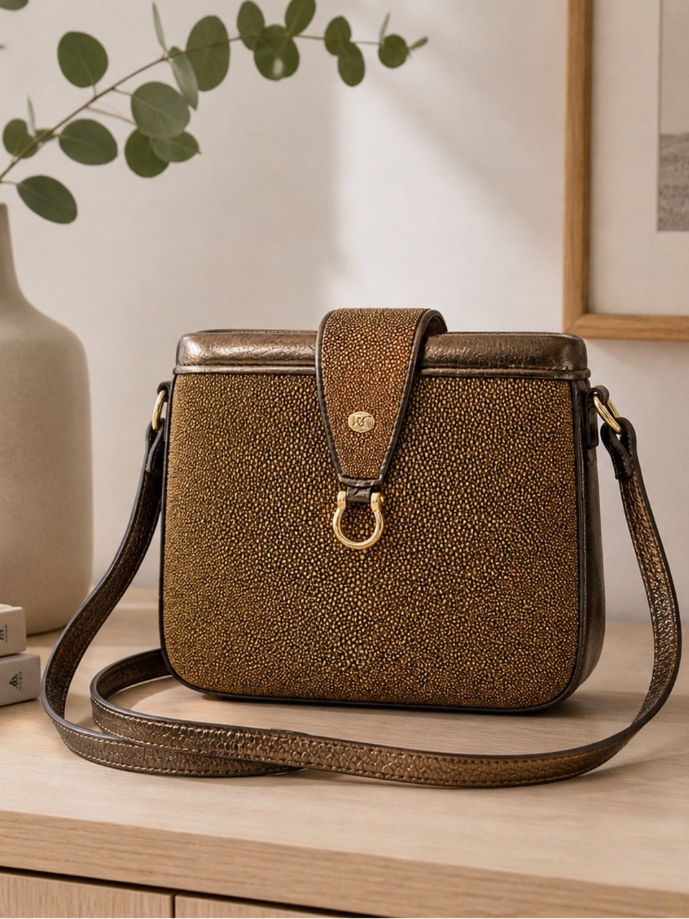 Genuine Stingray Leather Crossbody Bag Made in Italy Exotic Luxury Gold Brown - Picture 2 of 12